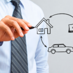 Person drawing a circular diagram connecting a house, money, and a car to illustrate an asset cycle or insurance/financing flow.