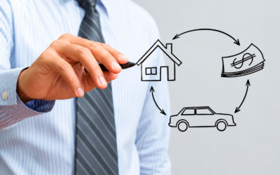 Person drawing a circular diagram connecting a house, money, and a car to illustrate an asset cycle or insurance/financing flow.