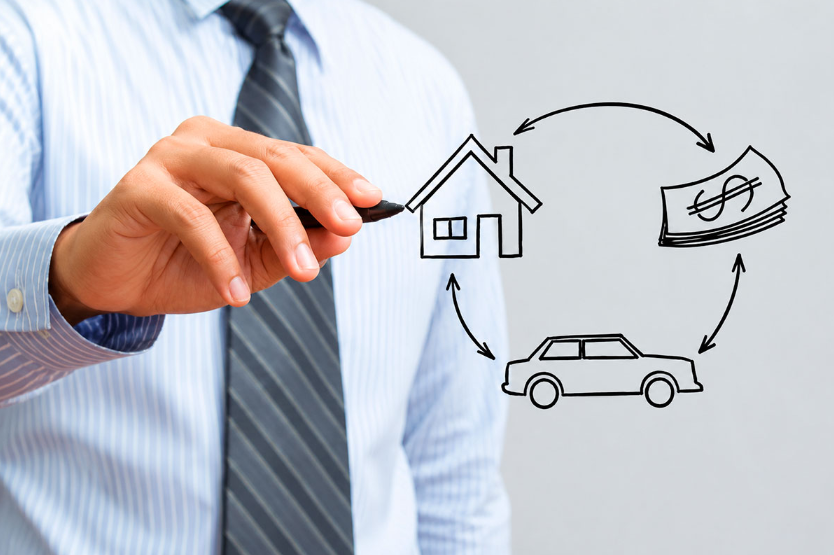 Person drawing a circular diagram connecting a house, money, and a car to illustrate an asset cycle or insurance/financing flow.