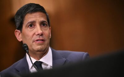 A man in a dark suit and white shirt speaks into a microphone in a formal setting, with a brown backdrop behind him.