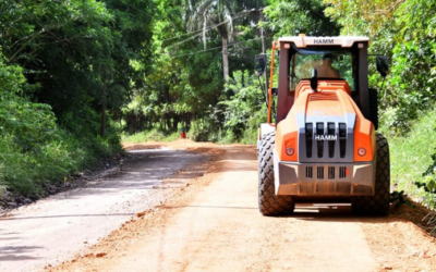 Orange road roller on a dusty dirt road flanked by dense green trees and bushes.